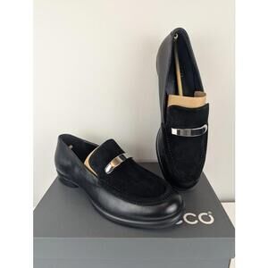 Ecco Sculpted LX Black Leather and Suede Dress Penny Loafers with Silver Accent